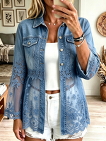 Women's Sheer Floral Lace Hem Denim Shirt Jacket