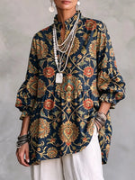 Retro Floral Art Pattern Print Ruffle Casual Stylish Cotton Linen Shirt