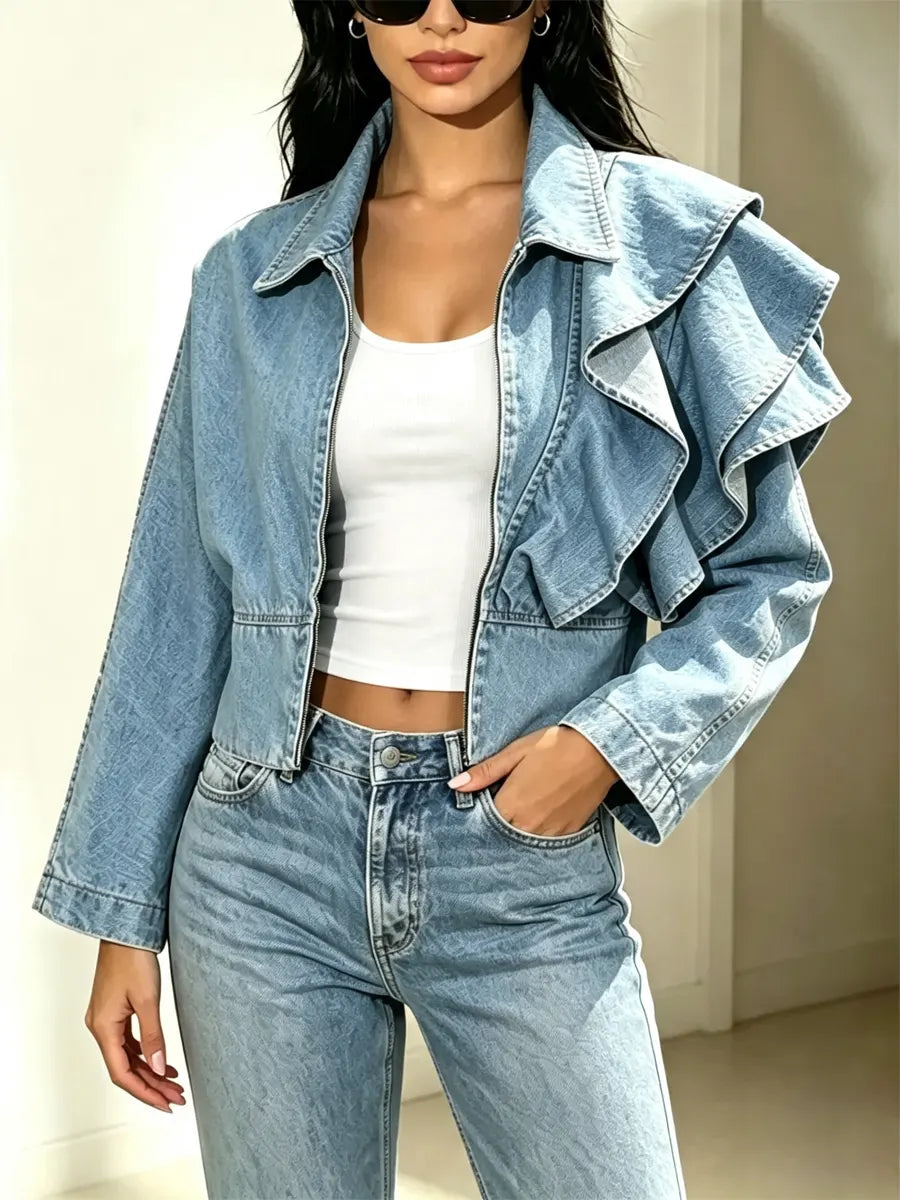 Retro Chic Ruffle Zip Art Casual Stylish Long Sleeve Denim Coat
