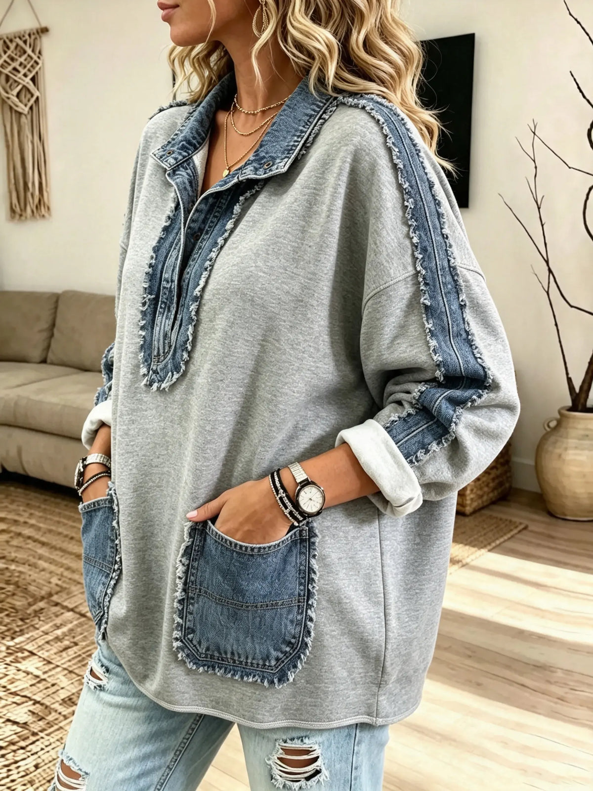 Women's Denim Trimmed Frayed Sweatshirt