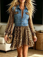 Retro Leopard Pattern Art Print Casual Stylish Denim Patchwork Mini Dress