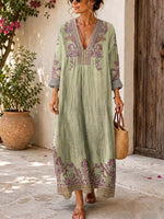 Retro Ethnic Floral Pattern Art Print Casual V-neck Cotton Linen Maxi Dress