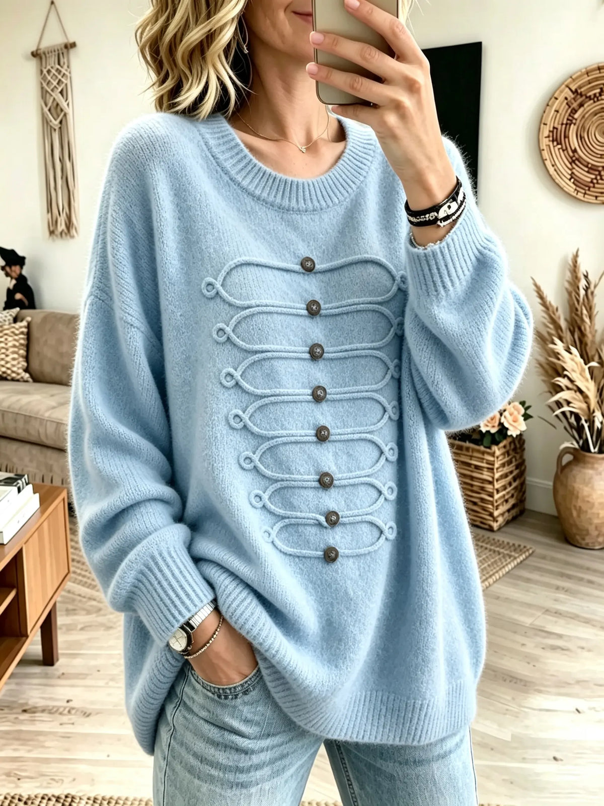 Women's Military Braided Frogs Crewneck Sweater