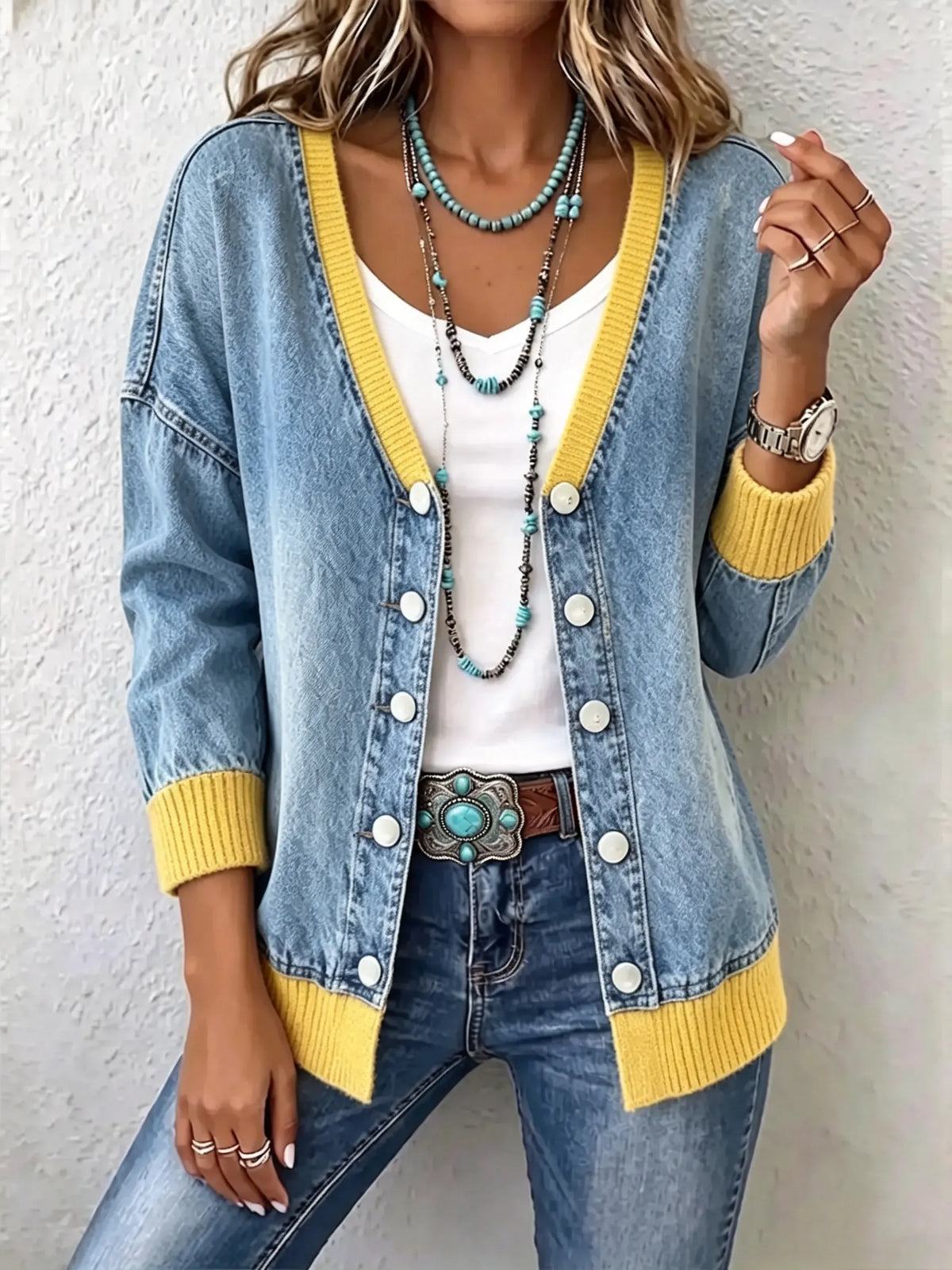 Women Rib‑Spliced Denim V‑Neck Cardigan