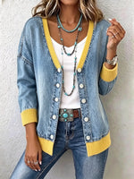 Women Rib‑Spliced Denim V‑Neck Cardigan