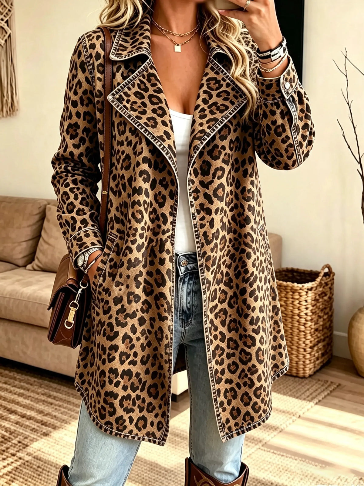 Women's Open-Front Leopard Print Trench Coat