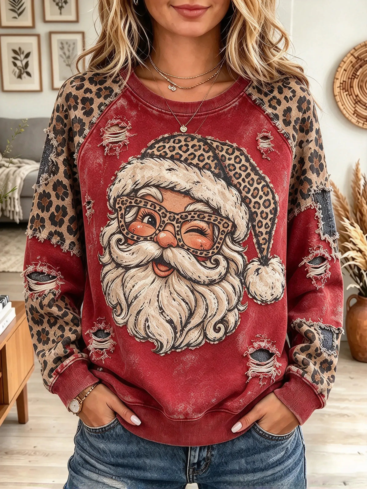 Women's Leopard Santa Print Sweatshirt