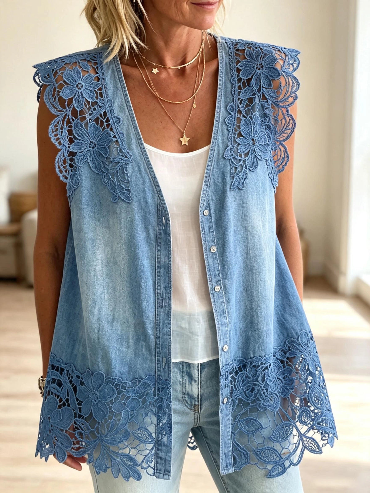Women's Lace Trim Denim Vest