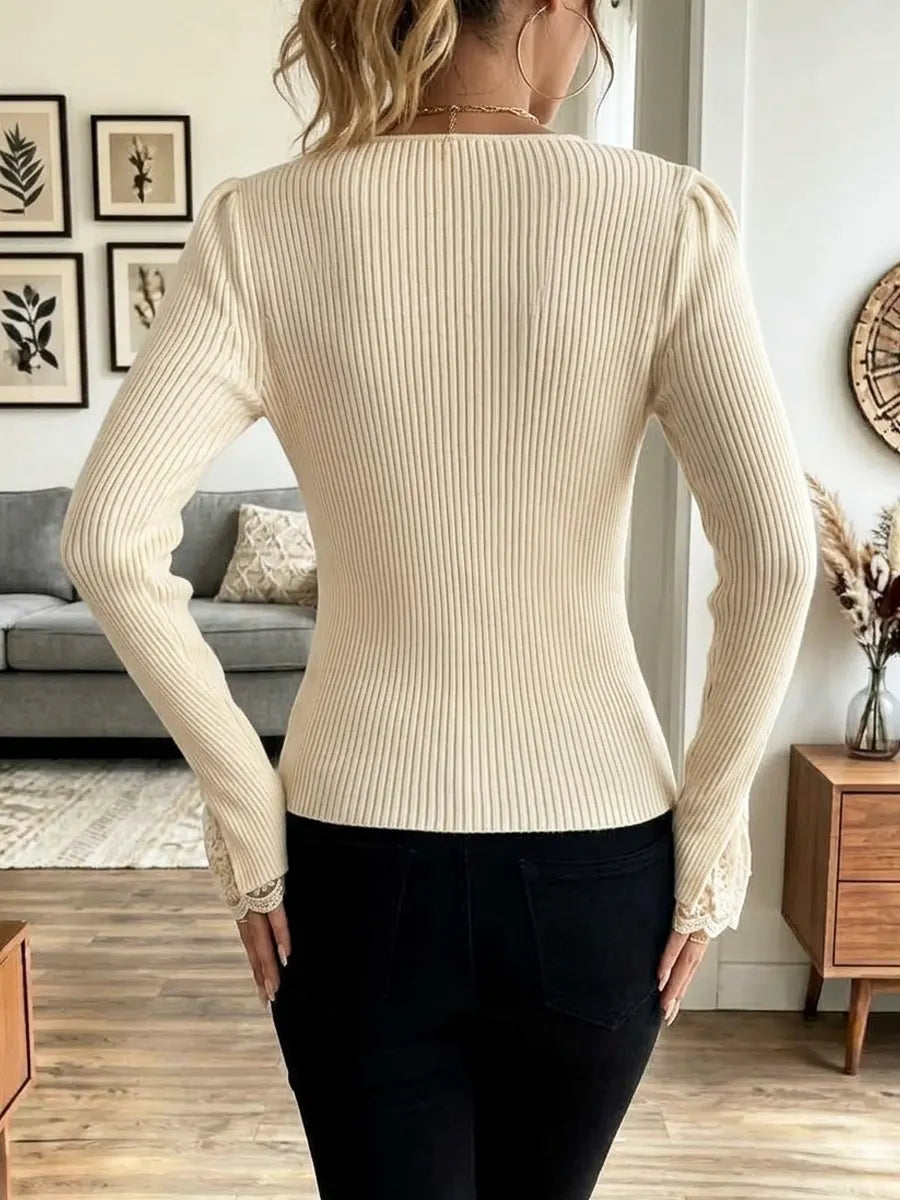 Retro Button Lace Patchwork Knit Art Casual Stylish Sweater Top