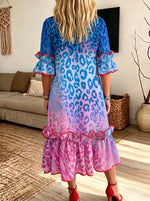 Women Gradient Leopard Print Midi Dress Red Ruffle Trim Flare Sleeve Casual Dress With Pockets