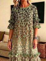 Retro Leopard Pattern Art Print Casual Ruffle Stylish Cotton Linen Dress