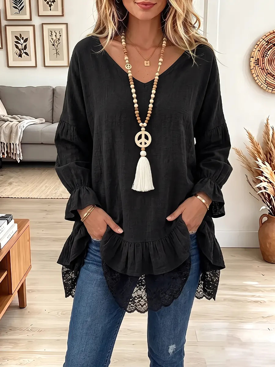 Vintage Elegant Cotton-linen Patchwork Lace Shirt