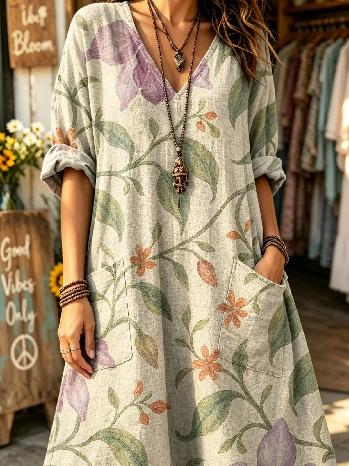 Women's Watercolor Orchid Floral Print V-neck Maxi Dress