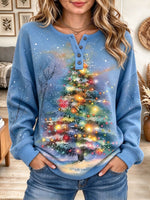 Women's Blue Watercolor Christmas Tree Graphic Henley Sweatshirt