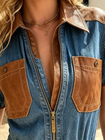 Women's Leather Patchwork Short Sleeve Denim Jumpsuit