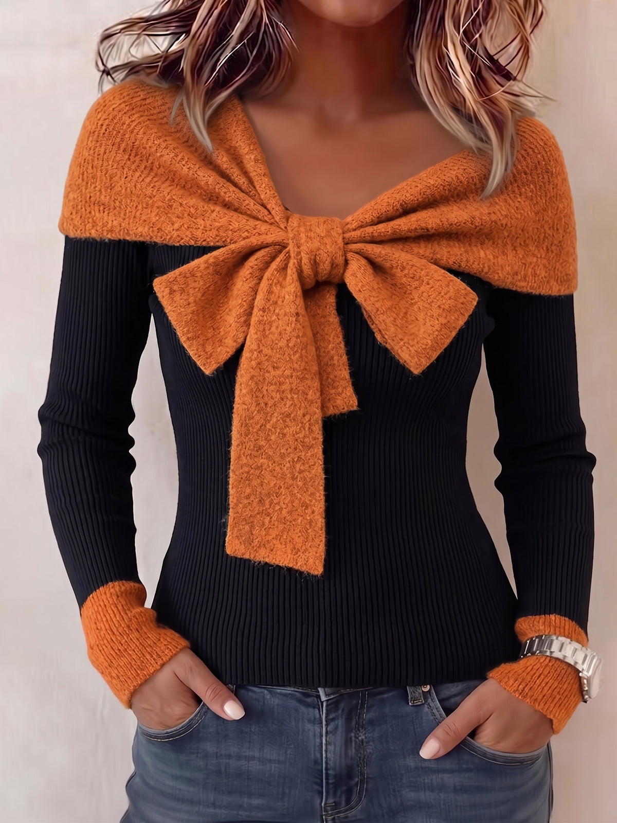 Women Off‑Shoulder Bow Decor Color Block Ribbed Knit Sweater Long Sleeve Top