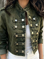 Retro Solid Color Stand Collar Art Casual Stylish Long Sleeve Denim Coat