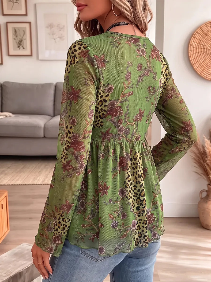 Vintage Elegant Flowers Leopard Print Sheer Mesh Shirt
