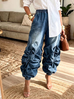 Women Elastic Waist Ruched Geometric Jogger Jeans Washed Denim Harem Pants