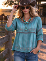 Women's Boho Embroidered 3/4 Sleeve Blouse