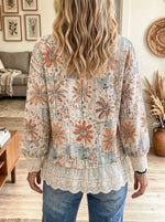 Women's Floral Print Lace Trim Blouse