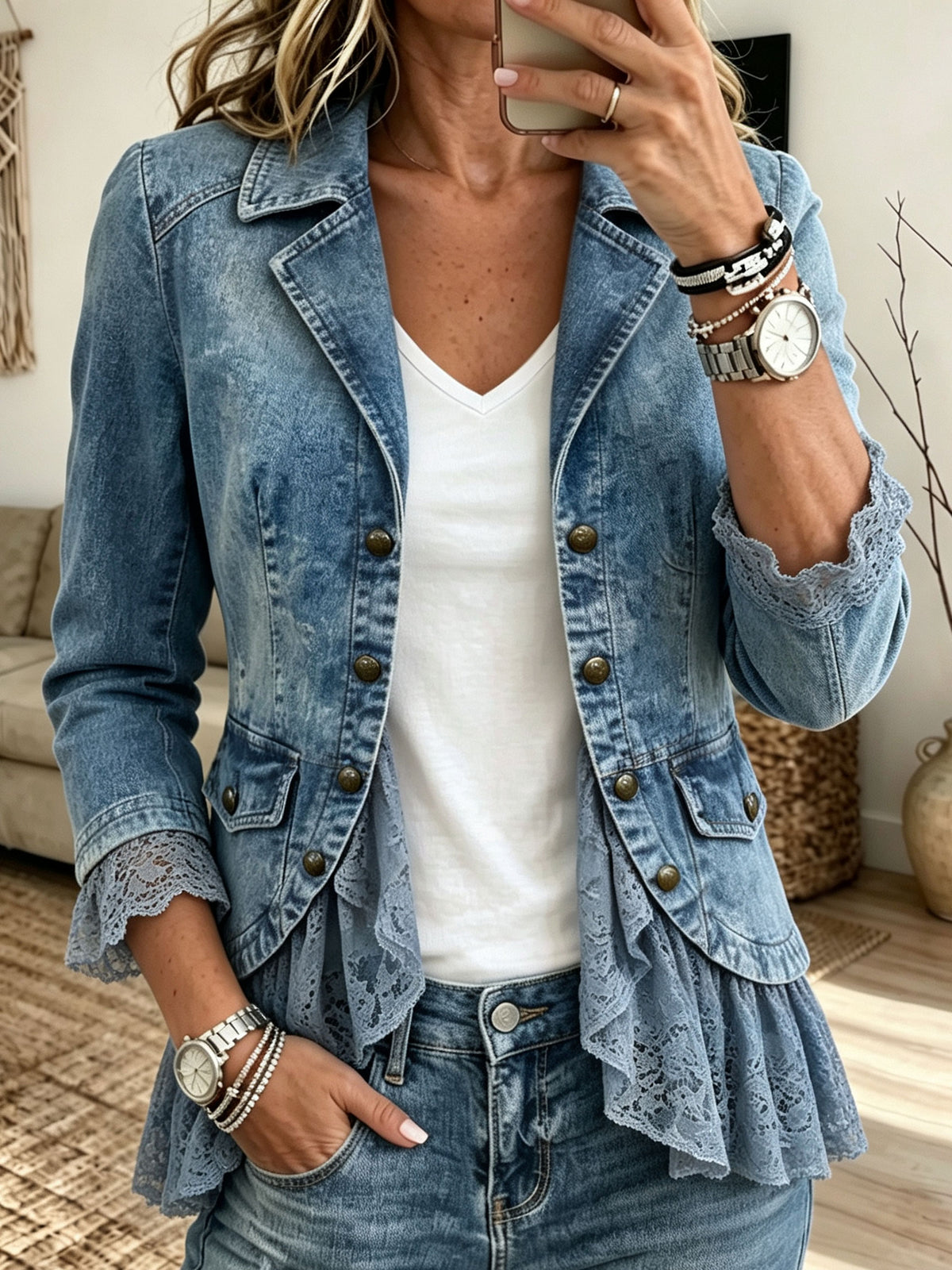 Women Denim Blazer Jacket Lace Ruffle Hem Button‑Front Lapel Coat