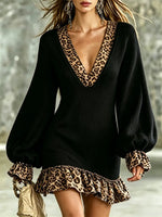 Retro Leopard Pattern Art Ruffle Patchwork Casual Stylish Knitted Long Sleeve Dress