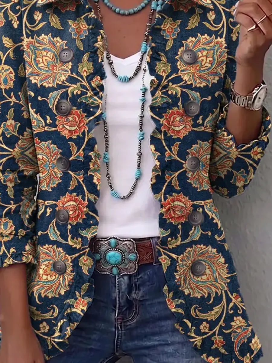 Retro Floral Art Pattern Print Ruffle Casual Stylish Cotton Lapel Coat