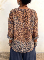 Women's Sparkly Sequin Shoulder Leopard Print Blouse - Boho Relaxed Long Sleeve Tunic Top