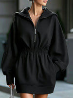 Retro Solid Color Hooded Art Casual Stylish Short Sweatshirt Mini Dress