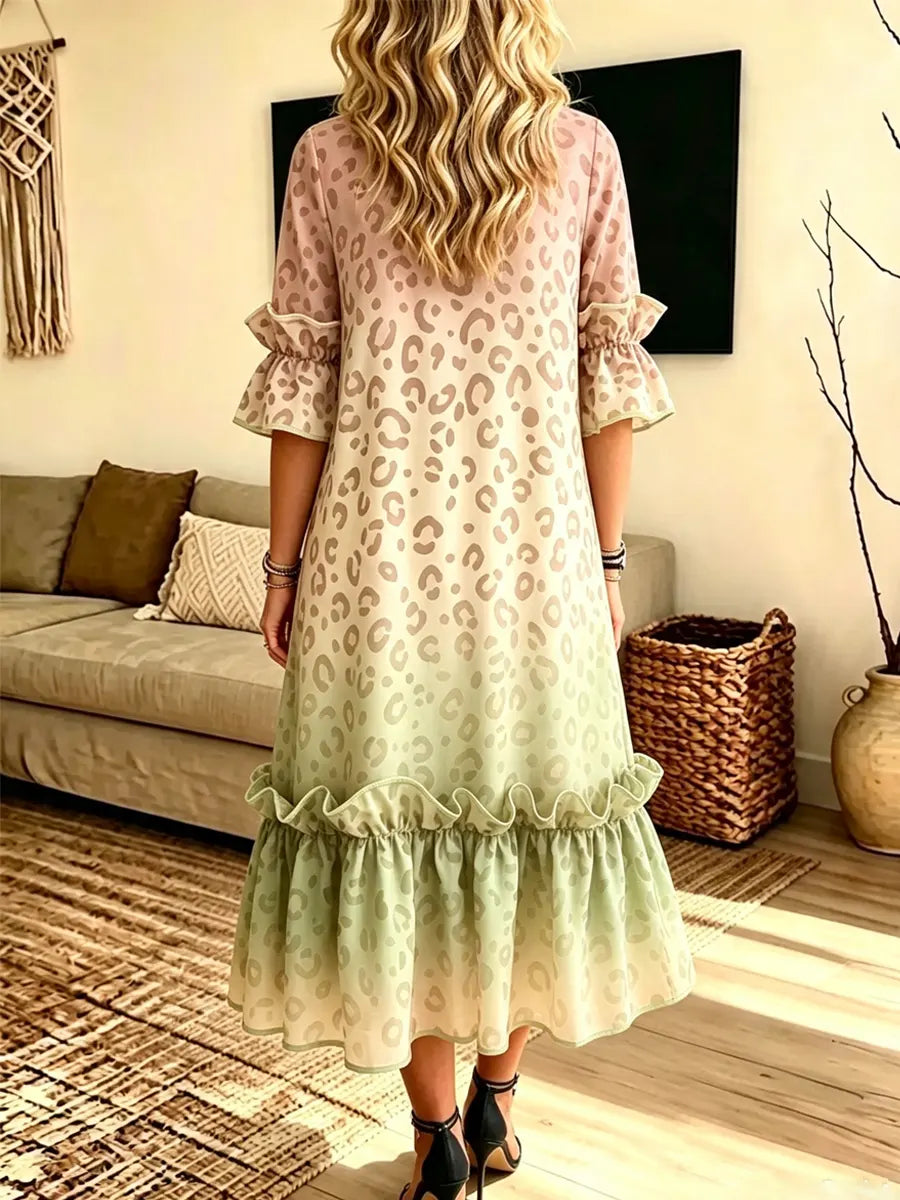 Retro Leopard Pattern Art Print Casual Ruffle Stylish Cotton Linen Dress