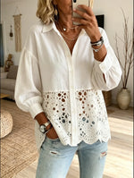 Women's Solid Color Hollow Embroidery Lapel Long Sleeve Shirt