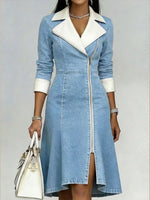Women Contrast White Lapel Zipper Front Fit & Flare Denim Midi Dress