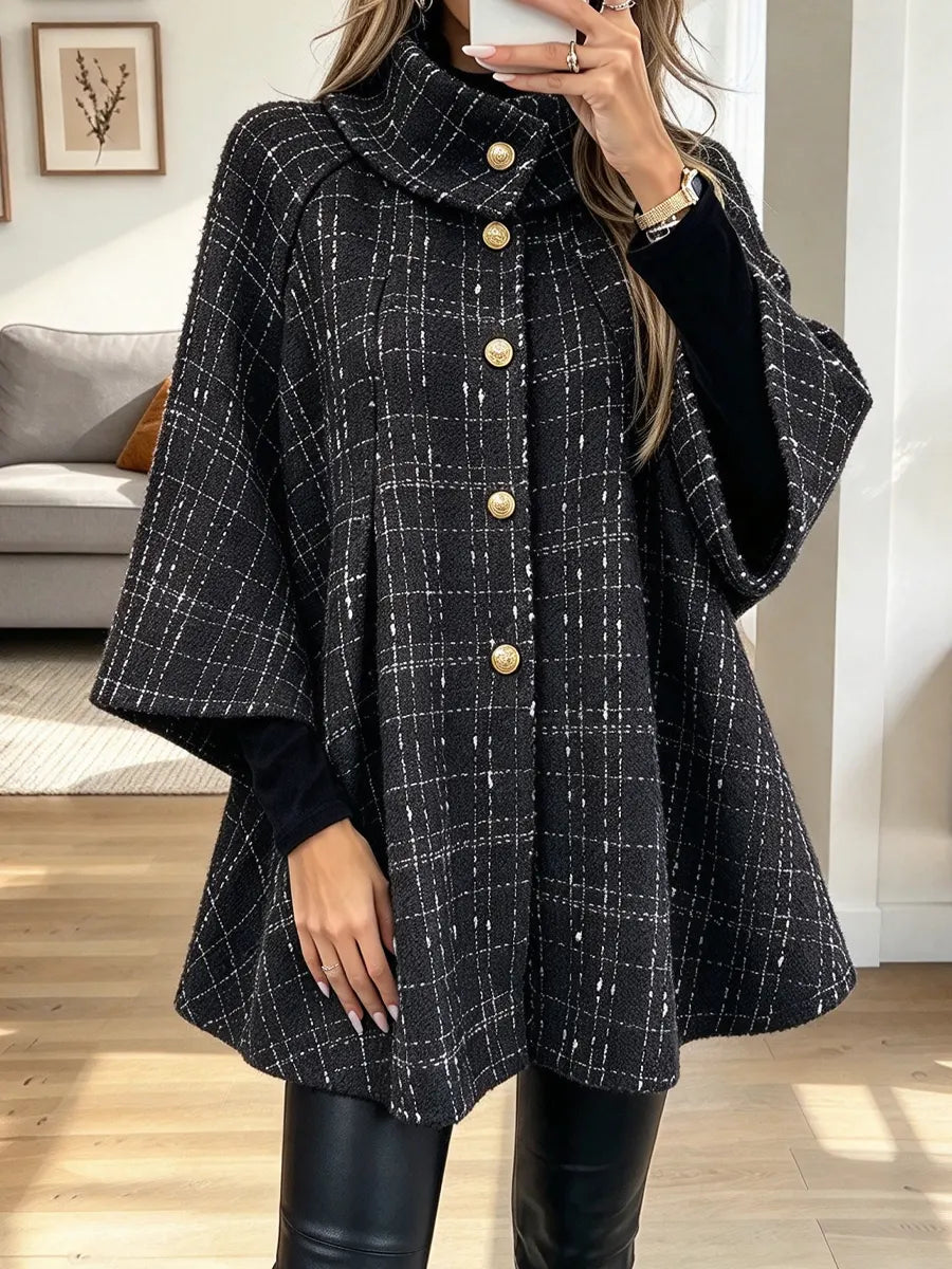 Vintage Chic Plaid Pattern Art Casual Stylish 3/4 Sleeve Cape Coat