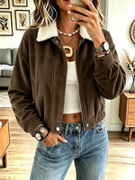 Retro Lapel Zip Corduroy Art Casual Stylish Long Sleeve Coat