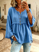 Women Fringe Trim Crew Neck Half Button 3/4 Sleeve Linen Blend Blouse