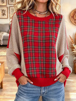Women's Patchwork Plaid Geometric Print Crew Neck Long-sleeved Knit Sweater