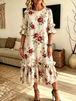 Retro Floral Pattern Art Print Casual Ruffle Stylish Cotton Linen Dress