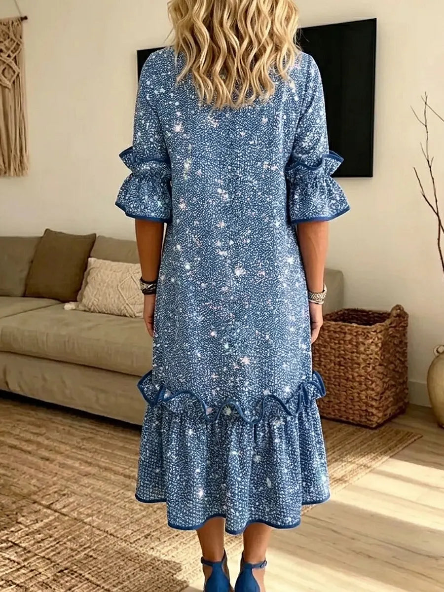Retro Shiny Stars Pattern Art Print Casual Ruffle Stylish Cotton Linen Dress