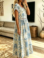 Women's Blue Botanical Floral Print Hollow Short Sleeve Midi Dress