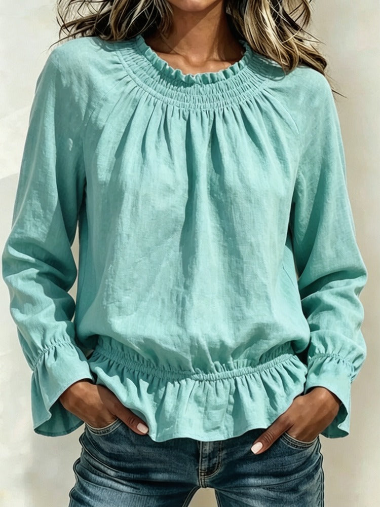 Women's Smocked Neck Ruffle Hem Blouse