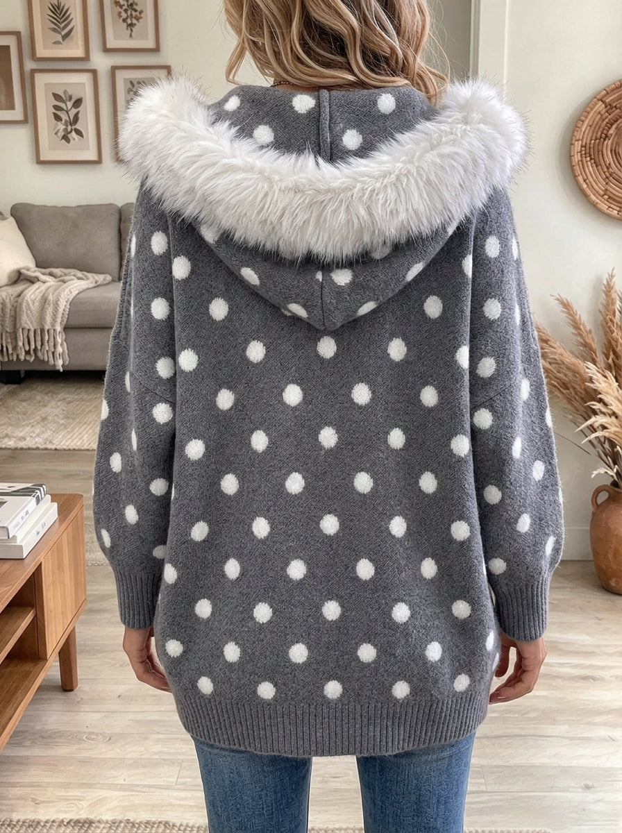 Women's Fur Collar Polka Dot Hooded Cardiga