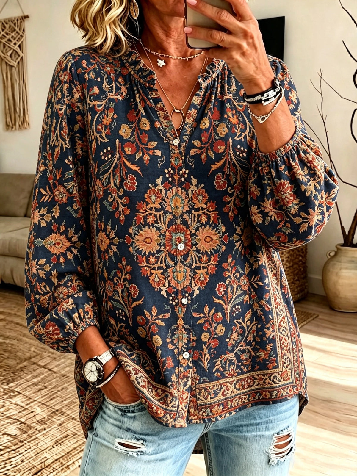 Women's Vintage Damask Button-Down Blouse