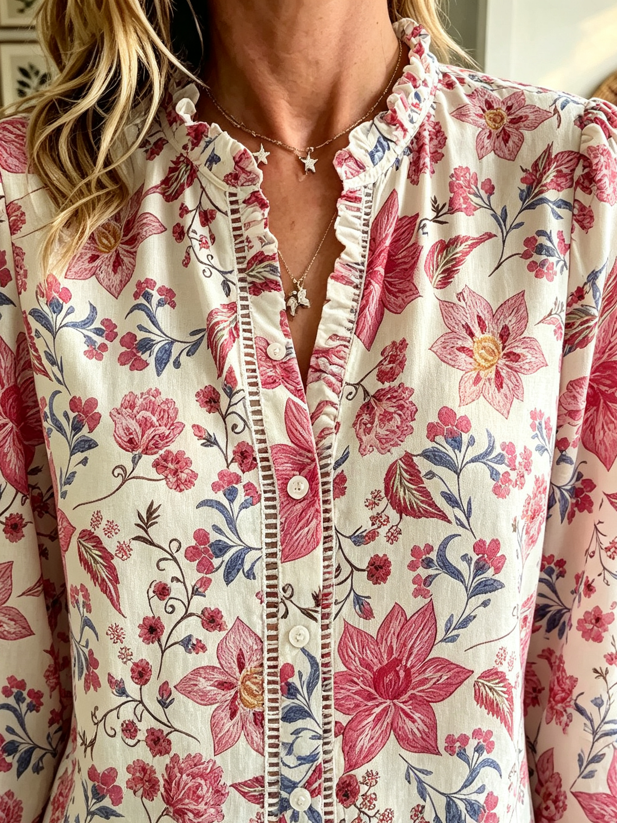 Women's Floral Print Ruffle Collar Blouse
