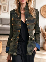 Retro Military Art Casual Stylish Long Sleeve Stand Collar Denim Coat