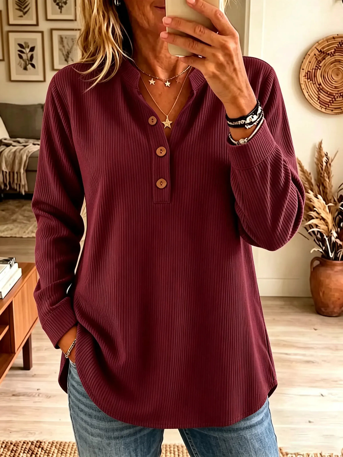 Women's Ribbed Henley Long Sleeve Tunic Top