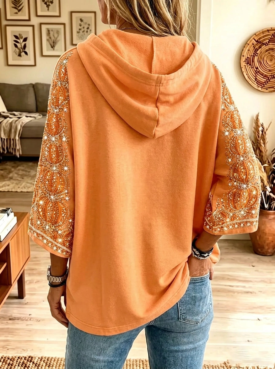 Women's Glitter Bow Pumpkin Short-Sleeve Poncho Hoodie