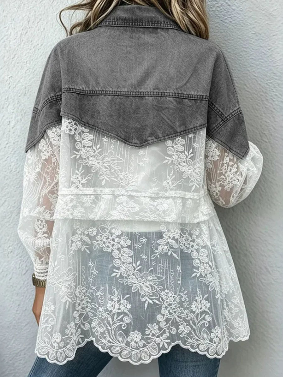 Vintage Elegant Denim Patchwork Embroidered Lace Jacket