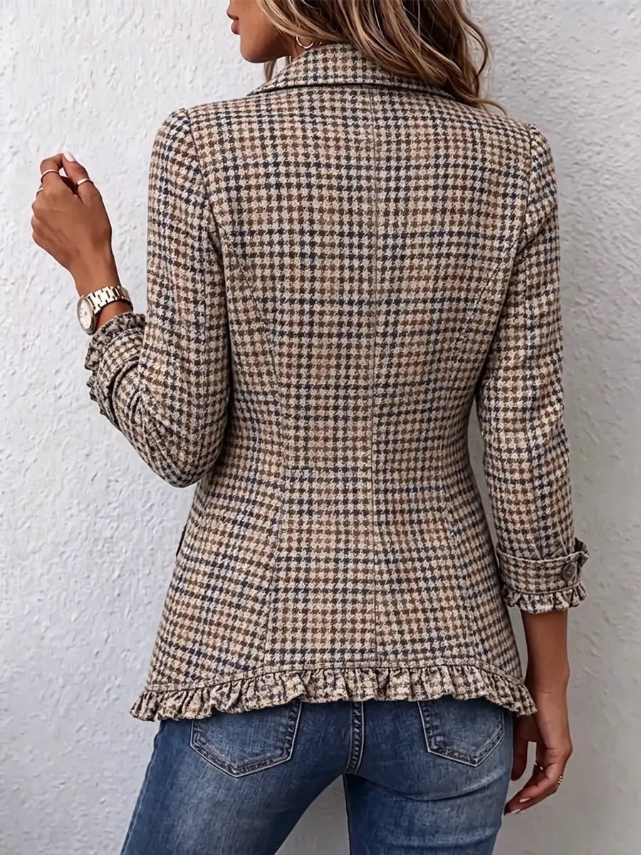 Retro Plaid Pattern Art Print Ruffle Casual Stylish Cotton Lapel Coat