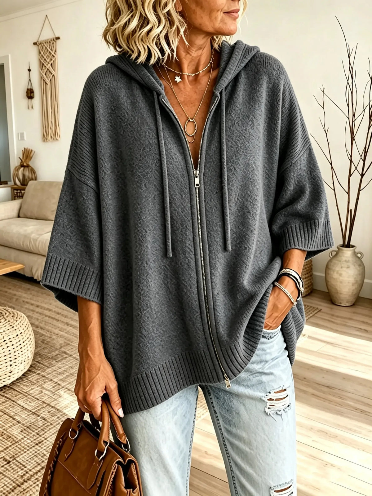 Women Solid Texture 3/4 Sleeve Zip Up Hooded Knit Top